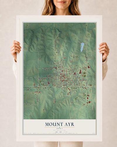 Map of Mount Ayr, Iowa, 24 x 36 inch print in a white wood frame