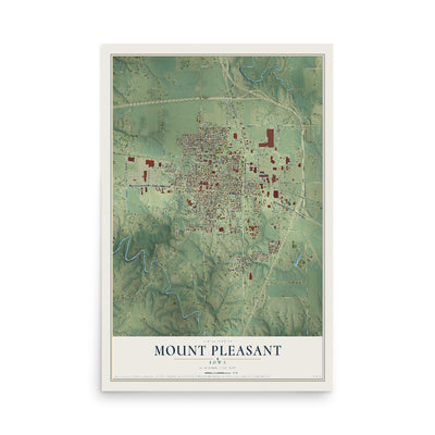 Map of Mount Pleasant, Iowa, 12 x 18 inch unframed archival matte print