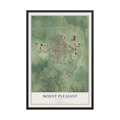 Map of Mount Pleasant, Iowa, 12 x 18 inch print in a black wood frame