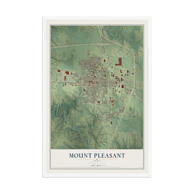 Map of Mount Pleasant, Iowa, 12 x 18 inch print in a white wood frame