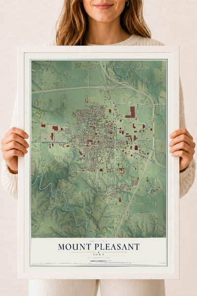 Map of Mount Pleasant, Iowa, 18 x 24 inch print in a white wood frame