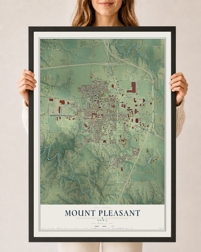 Map of Mount Pleasant, Iowa, 24 x 36 inch print in a black wood frame