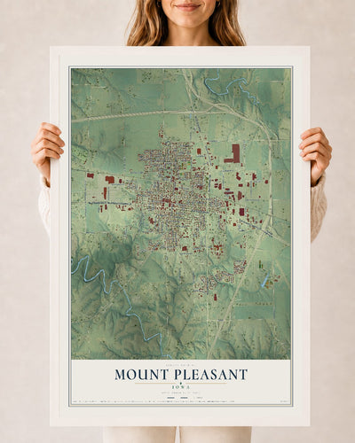 Map of Mount Pleasant, Iowa, 24 x 36 inch print in a white wood frame