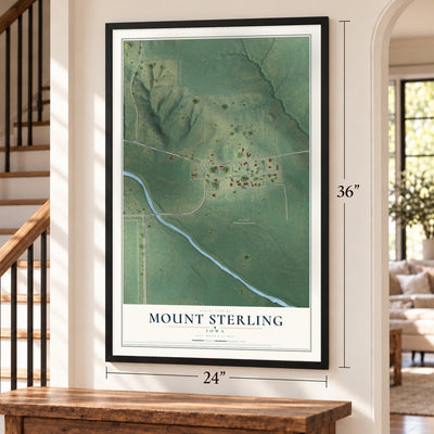 Mount Sterling, Iowa map, 24 x 36 inch print in a black frame by a staircase