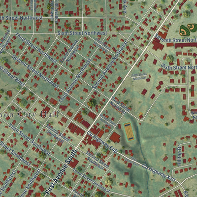 Close-up of the map of Mount Vernon, Iowa print showing street and building detail