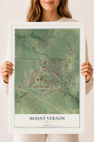 Map of Mount Vernon, Iowa, 18 x 24 inch print in a white wood frame