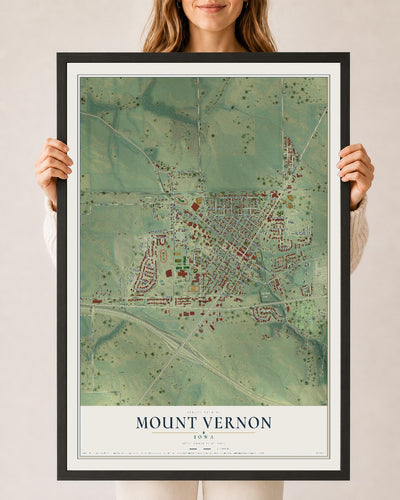 Map of Mount Vernon, Iowa, 24 x 36 inch print in a black wood frame