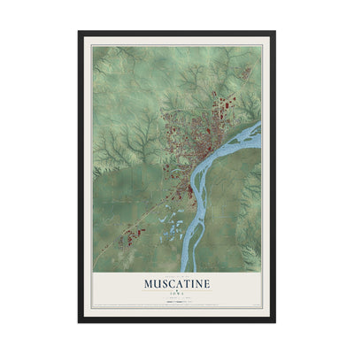 Map of Muscatine, Iowa, 12 x 18 inch print in a black wood frame