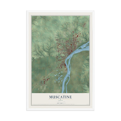 Map of Muscatine, Iowa, 12 x 18 inch print in a white wood frame