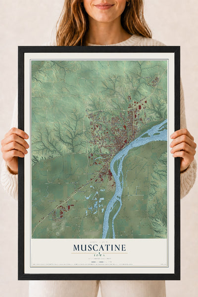Map of Muscatine, Iowa, 18 x 24 inch print in a black wood frame