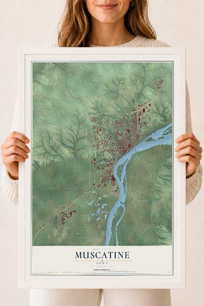 Map of Muscatine, Iowa, 18 x 24 inch print in a white wood frame