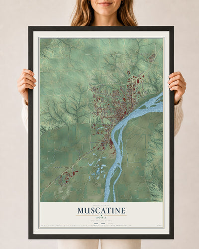 Map of Muscatine, Iowa, 24 x 36 inch print in a black wood frame