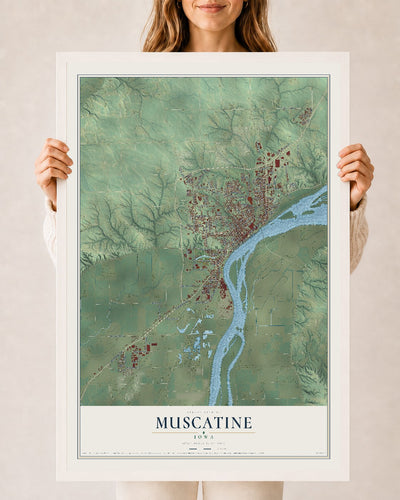 Map of Muscatine, Iowa, 24 x 36 inch print in a white wood frame