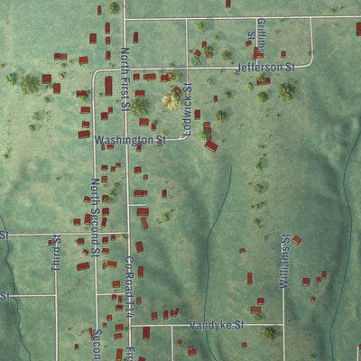 Close-up of the map of Mystic, Iowa print showing street and building detail