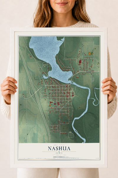 Map of Nashua, Iowa, 18 x 24 inch print in a white wood frame