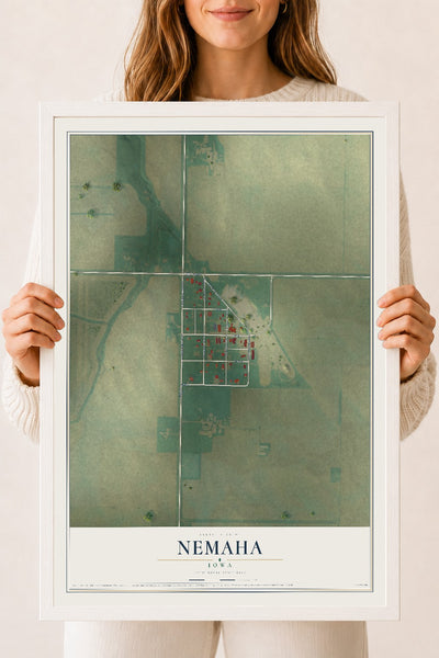 Map of Nemaha, Iowa, 18 x 24 inch print in a white wood frame