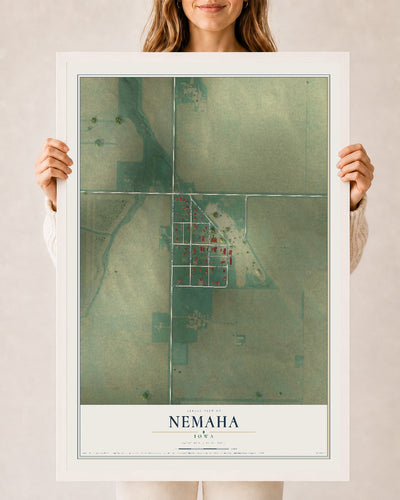 Map of Nemaha, Iowa, 24 x 36 inch print in a white wood frame