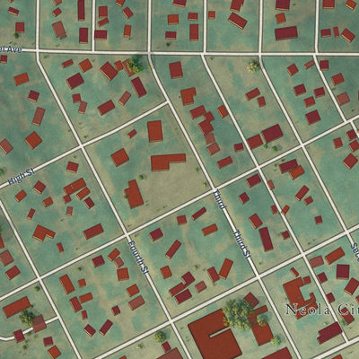 Close-up of the map of Neola, Iowa print showing street and building detail