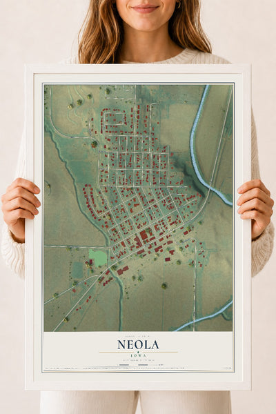 Map of Neola, Iowa, 18 x 24 inch print in a white wood frame