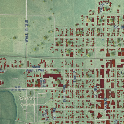 Close-up of the map of Nevada, Iowa print showing street and building detail