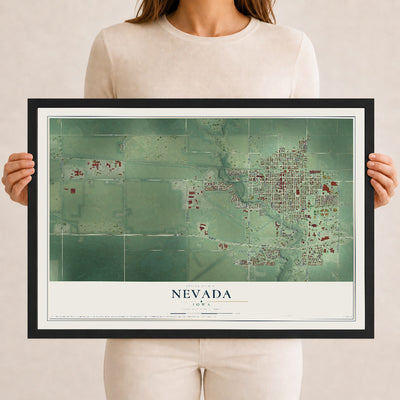 Map of Nevada, Iowa, 12 x 18 inch print in a black wood frame
