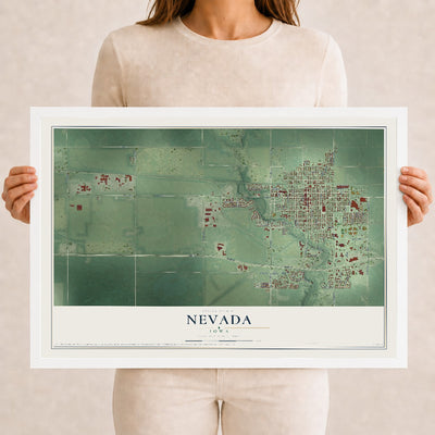 Map of Nevada, Iowa, 12 x 18 inch print in a white wood frame