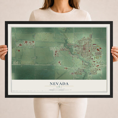 Map of Nevada, Iowa, 18 x 24 inch print in a black wood frame