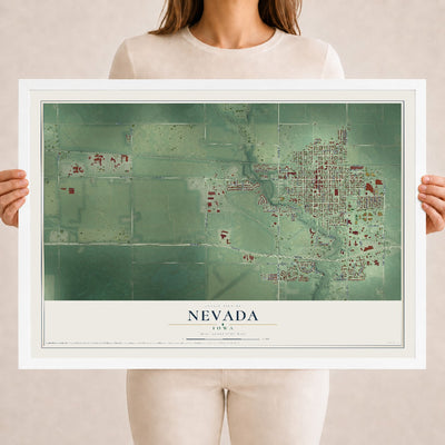 Map of Nevada, Iowa, 18 x 24 inch print in a white wood frame