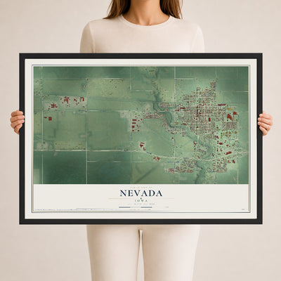 Map of Nevada, Iowa, 24 x 36 inch print in a black wood frame