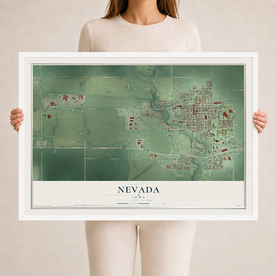 Map of Nevada, Iowa, 24 x 36 inch print in a white wood frame