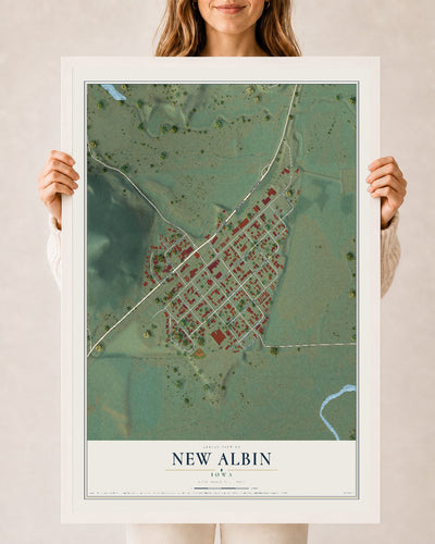 Map of New Albin, Iowa, 24 x 36 inch print in a white wood frame