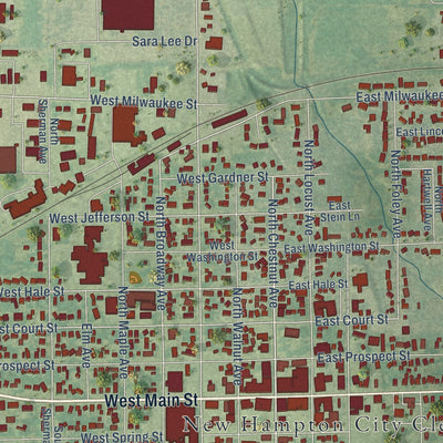 Close-up of the map of New Hampton, Iowa print showing street and building detail