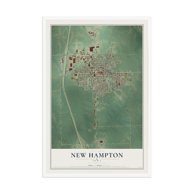 Map of New Hampton, Iowa, 12 x 18 inch print in a white wood frame
