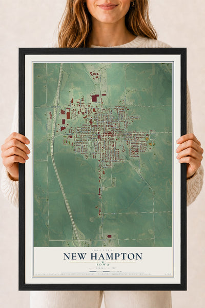 Map of New Hampton, Iowa, 18 x 24 inch print in a black wood frame