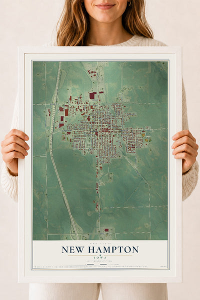 Map of New Hampton, Iowa, 18 x 24 inch print in a white wood frame