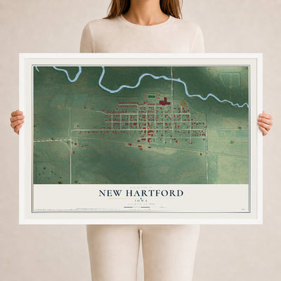 Map of New Hartford, Iowa, 24 x 36 inch print in a white wood frame