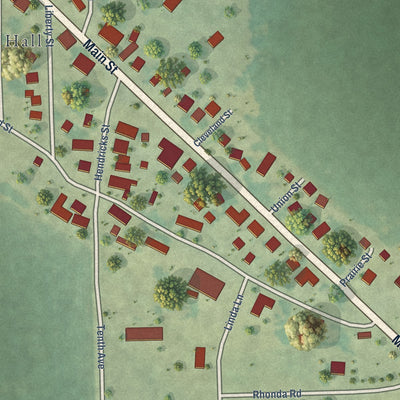 Close-up of the map of New Liberty, Iowa print showing street and building detail