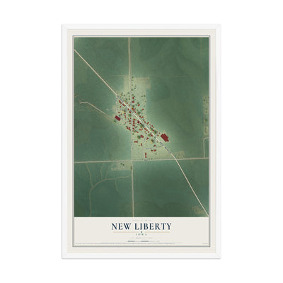 Map of New Liberty, Iowa, 12 x 18 inch print in a white wood frame