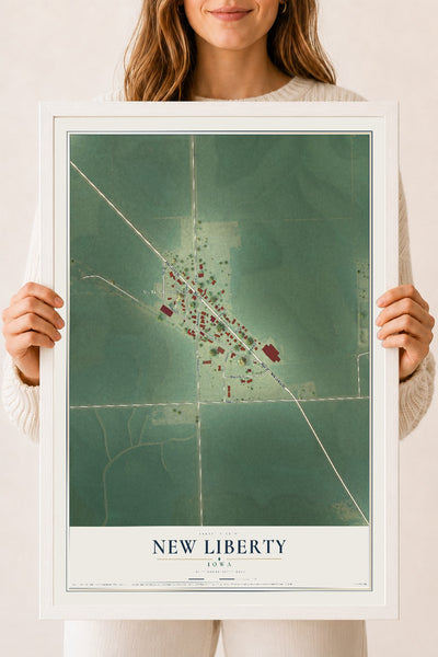 Map of New Liberty, Iowa, 18 x 24 inch print in a white wood frame