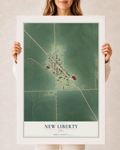 Map of New Liberty, Iowa, 24 x 36 inch print in a white wood frame