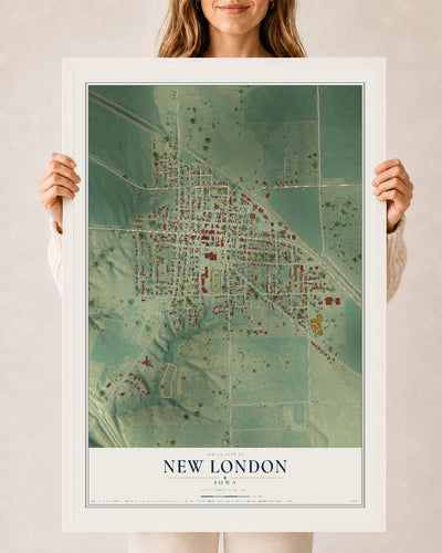 Map of New London, Iowa, 24 x 36 inch print in a white wood frame