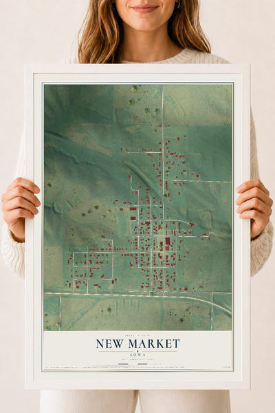 Map of New Market, Iowa, 18 x 24 inch print in a white wood frame