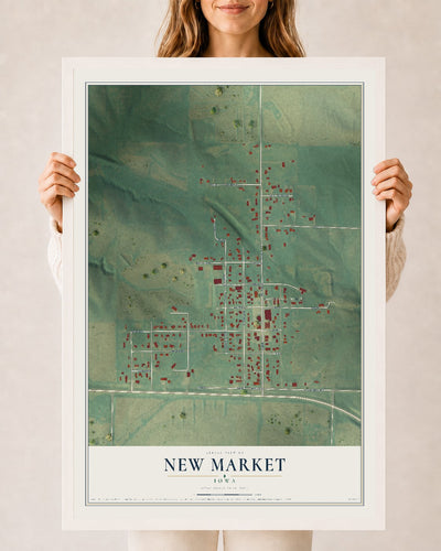 Map of New Market, Iowa, 24 x 36 inch print in a white wood frame