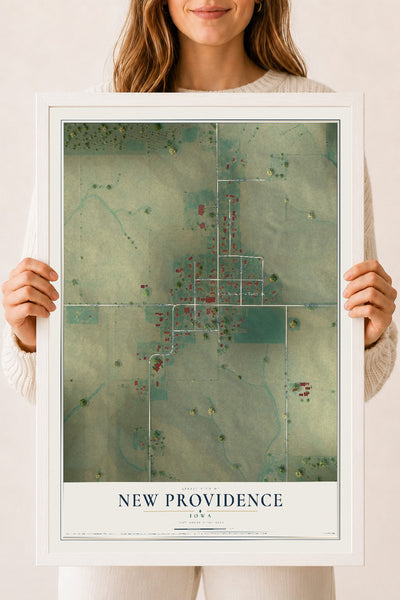 Map of New Providence, Iowa, 18 x 24 inch print in a white wood frame