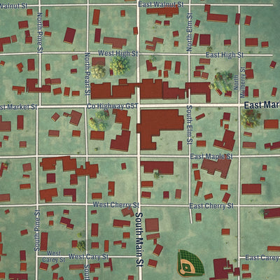 Close-up of the map of New Sharon, Iowa print showing street and building detail