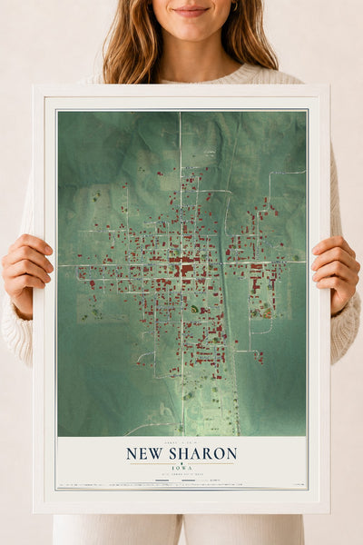 Map of New Sharon, Iowa, 18 x 24 inch print in a white wood frame