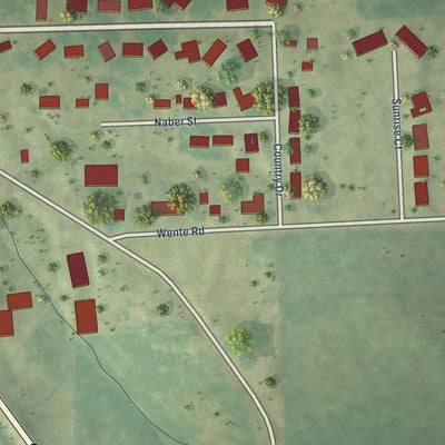 Second close-up of the map of New Vienna, Iowa print showing more streets and buildings