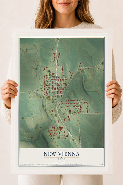 Map of New Vienna, Iowa, 18 x 24 inch print in a white wood frame