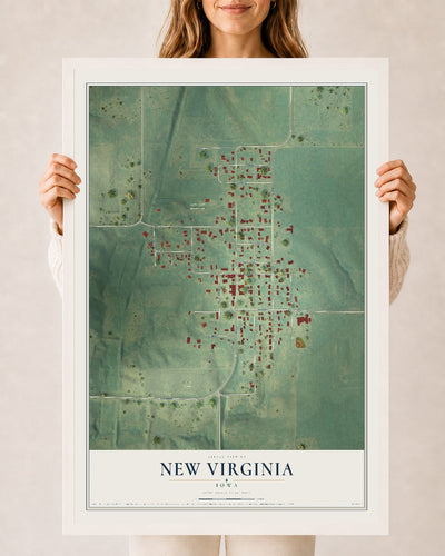 Map of New Virginia, Iowa, 24 x 36 inch print in a white wood frame