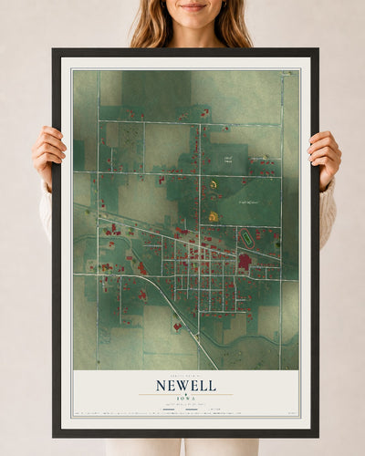 Map of Newell, Iowa, 24 x 36 inch print in a black wood frame
